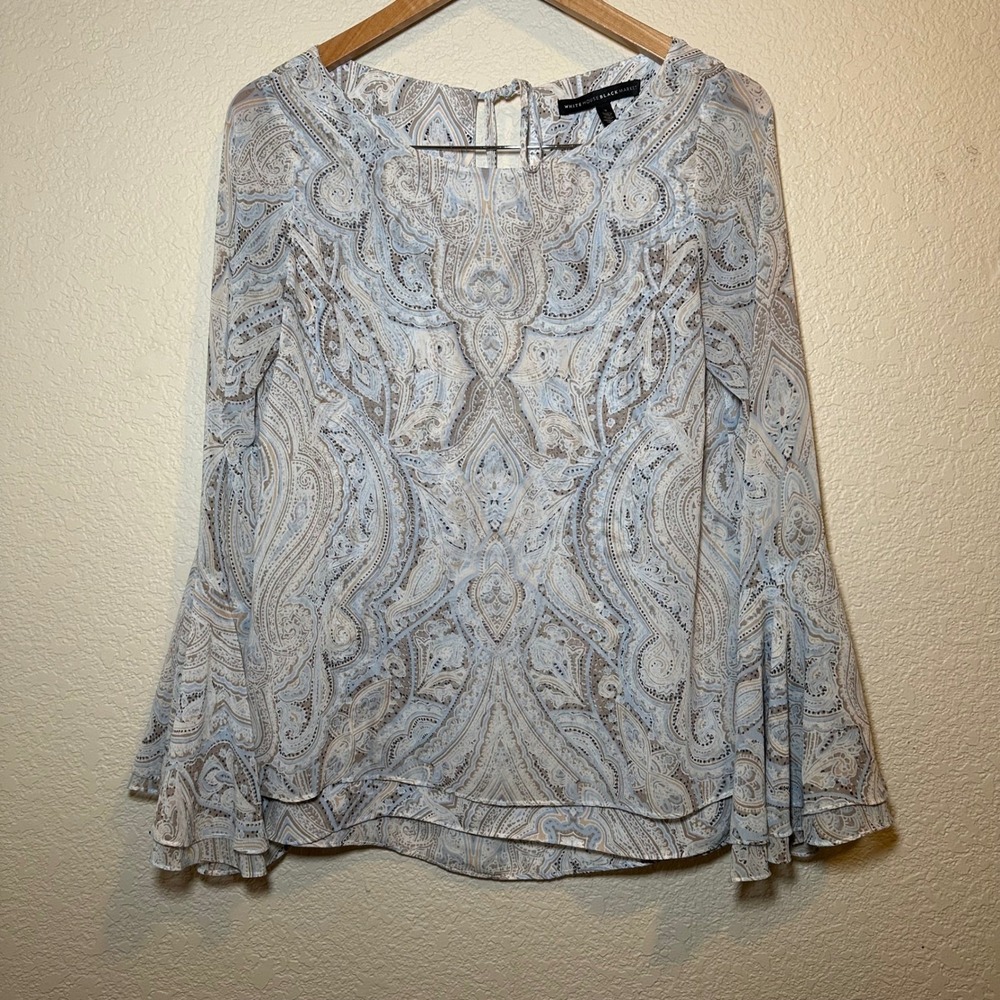 White House Black Market Size 2 Blouse Bell Long Sleeve Chiffon Paisley Boho Y2K